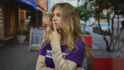 Woman touches finger to lips while thinking in a city environment where a blonde volunteer appears on a street in an outdoor portrait of a young person.