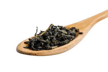 Wooden spoon with tea leaves on transparent background