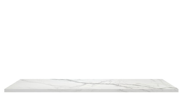 long white carrara marble stone table top isolated on background with clipping path. marble texture floor or top shelf perspective in black marble stone texture. podium surface.