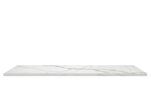 long white carrara marble stone table top isolated on background with clipping path. marble texture floor or top shelf perspective in black marble stone texture. podium surface.