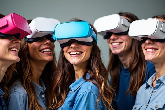 Diverse Group of Students Engaged in Virtual Reality Experience with Colorful Digital Glasses