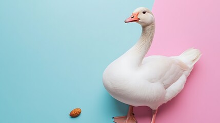 A goose looking curiously at an almond on a blue and pink background, creating a whimsical and eye-catching composition.