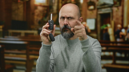 Bald man with beard holding car keys pointing in a church setting, conveying a thoughtful...