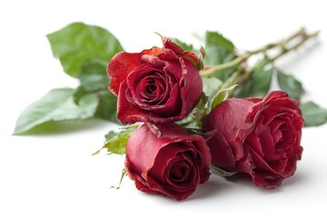 Three slightly wilted dark red roses lie on a white background, stems and leaves visible