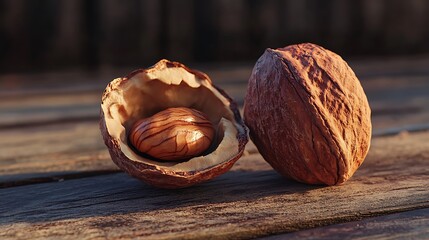 Hazelnut halves showcase the nut kernel and shell on a rustic wooden surface, bathed in warm light.