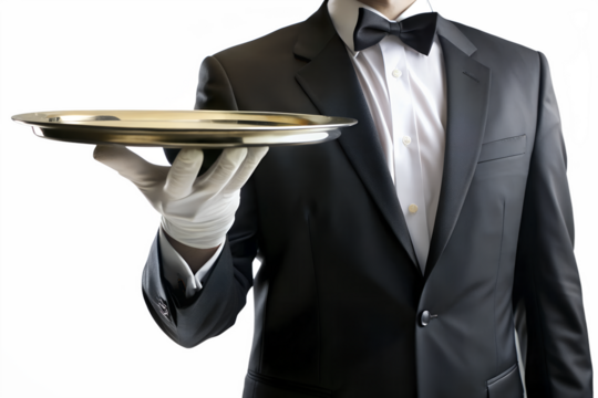 A butler in a tuxedo holds a silver tray isolated on transparent background, ready to serve with elegance and professionalism