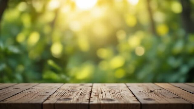 Wooden Table Top With Blurred Green Forest Background