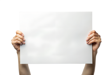 Hands holding a blank white paper sheet isolated on transparent background, offering copy space for a message or advertisement