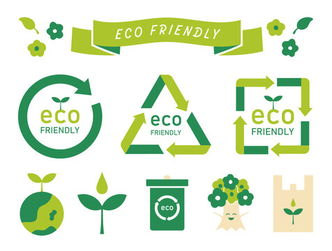 eco friendlyと書かれたサークル型のアイコンセット（エコ 環境 サステナブル 表示マーク ベクター）