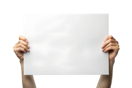Hands holding a blank white paper sheet isolated on transparent background, offering copy space for a message or advertisement