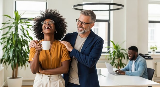 Diverse workplace collaboration: happy business team laughing together in modern office with coffee break and coworking environment for productivity and success