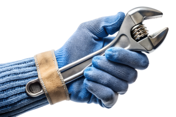 A hand in a blue glove holds a wrench, isolated on transparent background, ready for repair and construction work