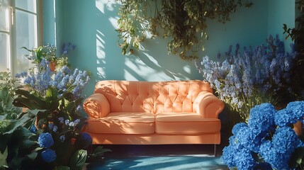Serene living space showcasing a peach sofa surrounded by vibrant blue hydrangea blossoms and lush green plants near a window.