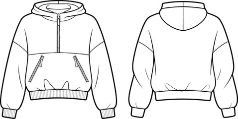 Front and back technical flat sketch of hoodie with zippers, long sleeves, ribbed cuffs, casual wear design for apparel illustration © Khadija Creatives