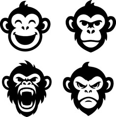 Monkey Face for logo and tattoo  in black and white silhouette asset with white background 