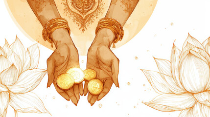 Obraz premium Prosperity Blessings Vector for Diwali with Goddess Lakshmi’s Hands Holding Coins and Lotus Flower