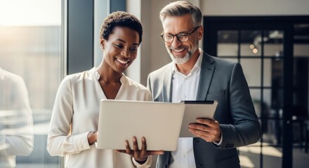 Diverse business professionals collaboration: analyzing data on laptop & tablet for strategic planning and growth initiatives in modern office environment