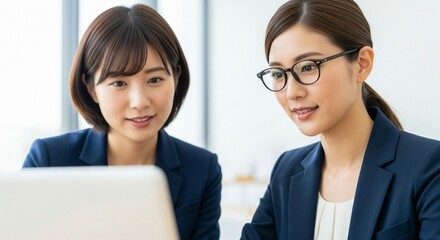 知的な共同作業、眼鏡をかけた女性リーダーと部下社員の打ち合わせ