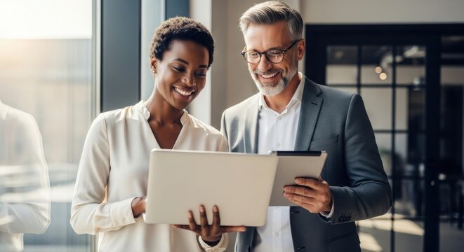 Diverse business professionals collaboration: analyzing data on laptop & tablet for strategic planning and growth initiatives in modern office environment