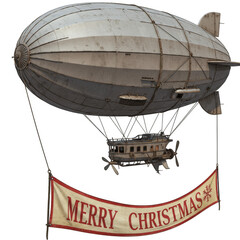 Vintage Airship Dirigible Zeppelin with Merry Christmas Banner Illustration