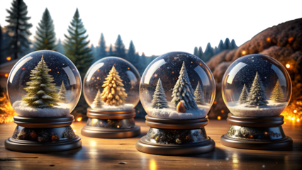 Four snow globes with christmas trees on a wooden table isolated on transparent background