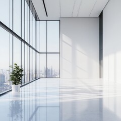 Fototapeta premium A large white wall in an office building with floor-to-ceiling windows overlooking the city, a plant on one side of it, a flat blank space for mockups, with white background.