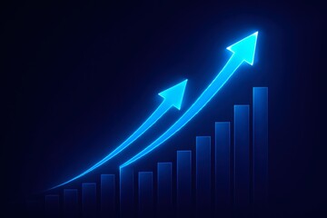 Glowing blue arrows ascend above a dark background representing financial growth and upward trends