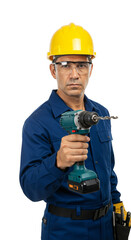 Worker Man with Drill Wearing Yellow Helmet PNG Transparent