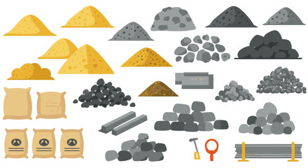 Construction materials set: sand, gravel, cement bags, and tools in flat design