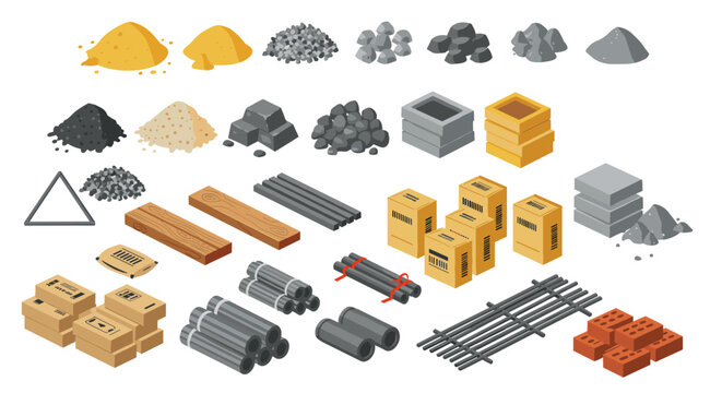 Construction materials collection in isometric style - bricks, steel, timber, and more