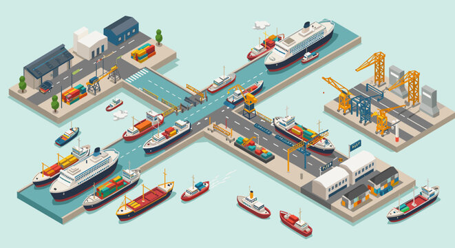 Isometric shipping port with cargo ships and cranes in a busy harbor scene - Powered by Adobe