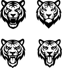Tiger face black and white silhouette for logo in vector with white background 