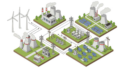 Isometric power station network with renewable energy sources and industrial facilities