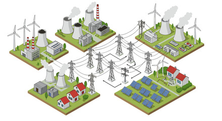 Isometric energy infrastructure with solar panels, wind turbines, and power plants