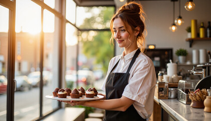 Smiling woman serving chocolate desserts in cafe, warmth and hospitality