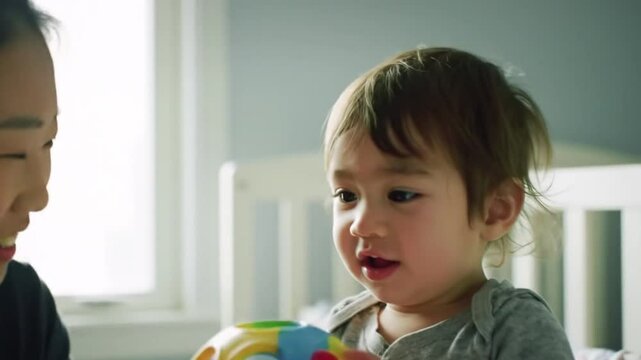Mother and child playing with a shape sorter ball in a brightly lit room