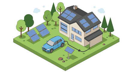 Eco-friendly home with solar panels and electric car in isometric style