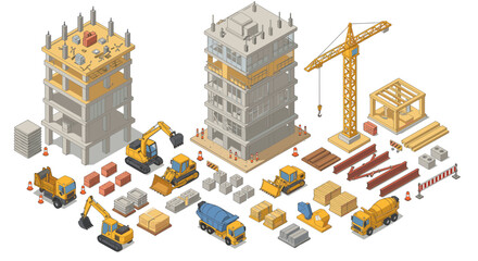 Isometric construction site with machinery, buildings, and equipment