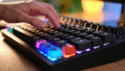 Person typing on a colorful keyboard