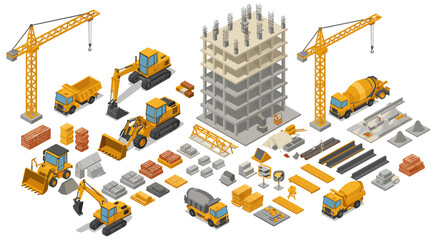 Isometric construction site with cranes, vehicles, and building materials