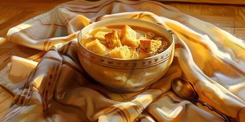 Golden-Brown Chips in a Bowl on Patterned Cloth Under Warm Light

