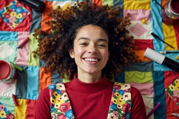 Bird's eye view of person reclining on vibrant patchwork blanket with scattered art materials around