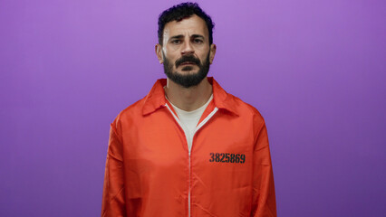 Hispanic man with beard in orange prison jumpsuit stands against a purple background, displaying a range of emotions.