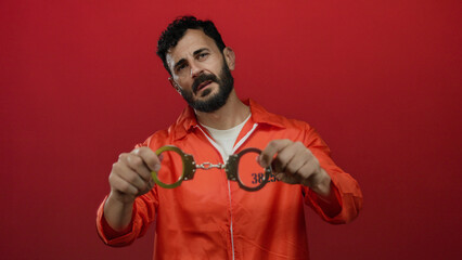 Hispanic man with beard in prison jumpsuit holding handcuffs against a vibrant red background,...