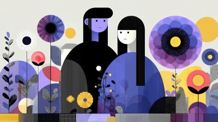 Obraz premium Beautiful Illustrated Couple Amidst Colorful Flowers