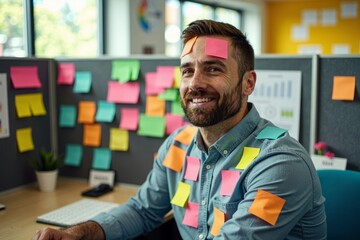 Fototapeta premium Man is completely covered in sticky notes in a vibrant office cubicle