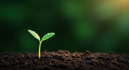 Fototapeta premium A tiny green sprout emerges from the rich soil, symbolizing new life and growth in nature