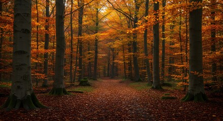 Autumn Forest Path Covered in Colorful Fallen Leaves