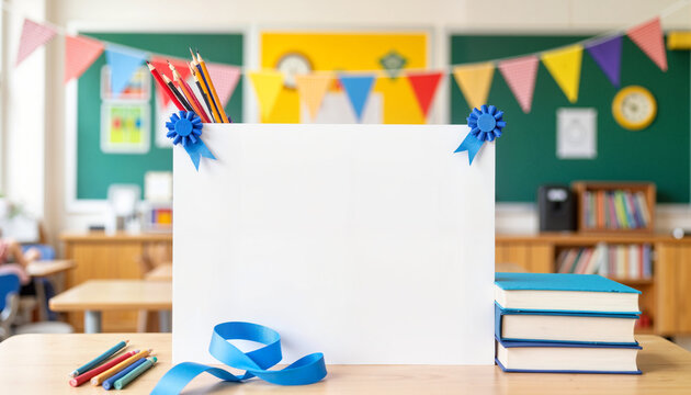 Vibrant school poster with blue ribbons and colorful flags, educational theme - Powered by Adobe