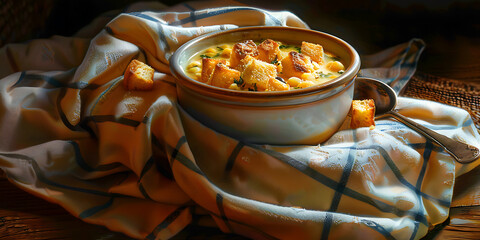 Hearty Bowl of Soup with Croutons on Checkered Cloth

